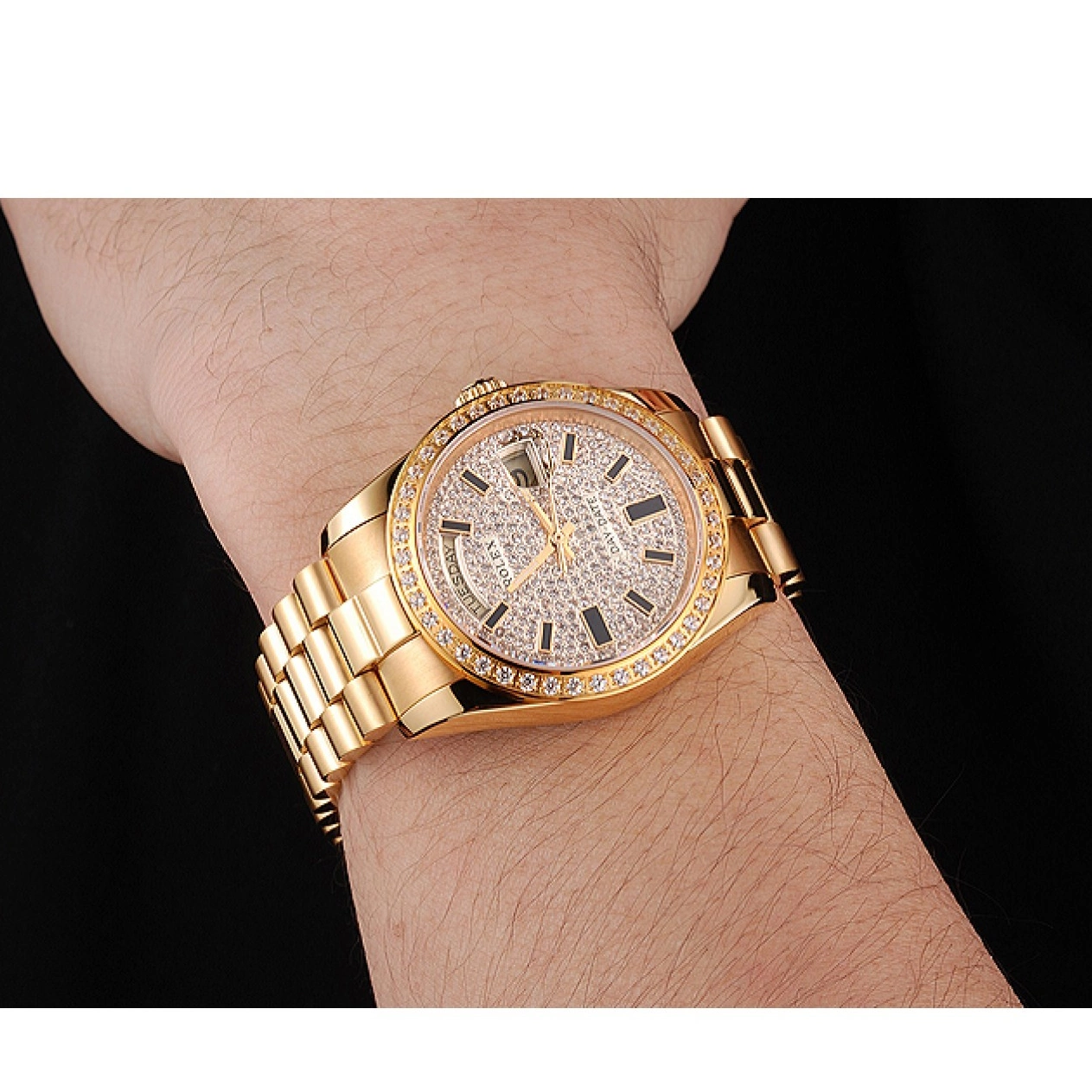 Aaa replica Bezel And And Date Rolex Dial Gold Pave Diamond Bracelet Case Day Swiss 0518